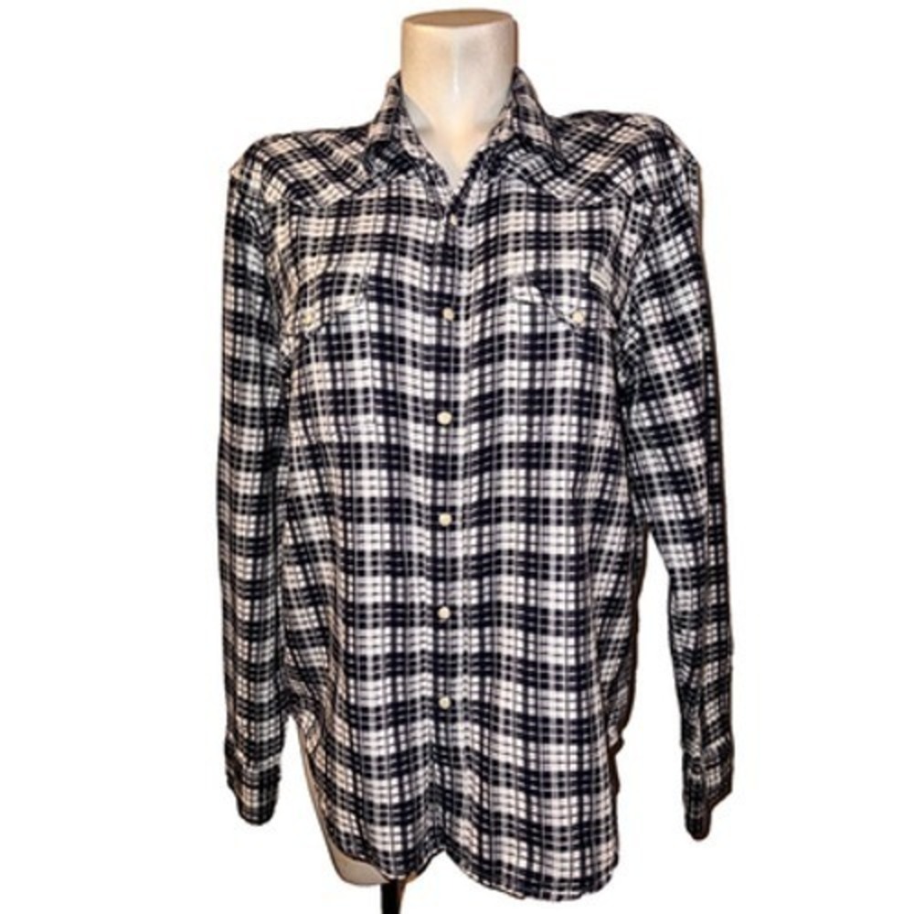 Lucky Brand Mens Large Blue White Plaid Pearl Snap Western Flannel Shirt L